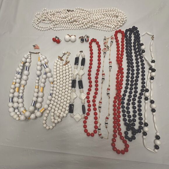 Unbranded Jewelry - Vtg Patriotic Red White Blue Jewelry Lot Collection Plastic Enamel Lucite Bead